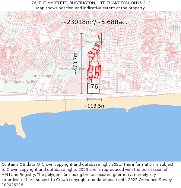 76, THE MARTLETS, RUSTINGTON, LITTLEHAMPTON, BN16 2UF: Plot and title map