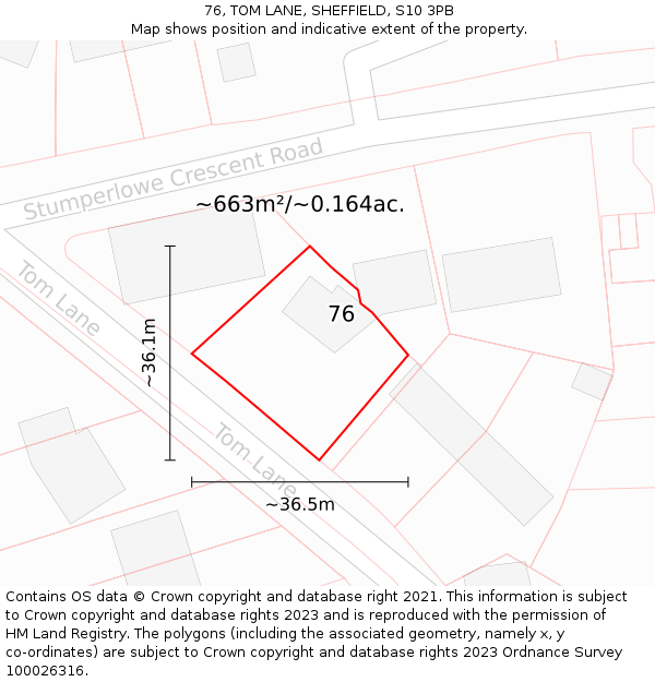 76, TOM LANE, SHEFFIELD, S10 3PB: Plot and title map