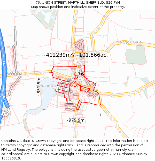 76, UNION STREET, HARTHILL, SHEFFIELD, S26 7YH: Plot and title map