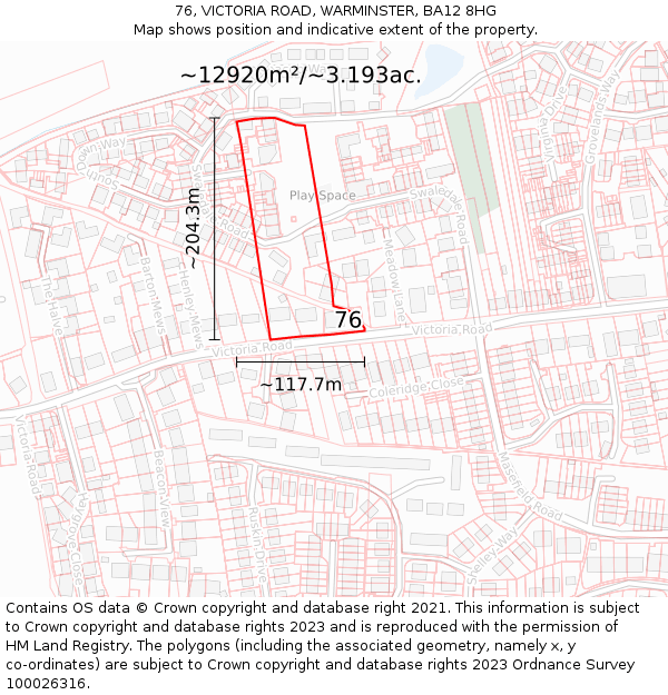 76, VICTORIA ROAD, WARMINSTER, BA12 8HG: Plot and title map