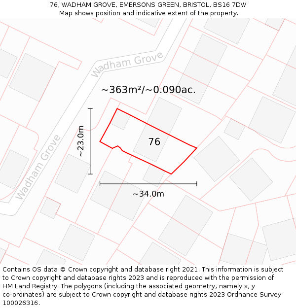 76, WADHAM GROVE, EMERSONS GREEN, BRISTOL, BS16 7DW: Plot and title map