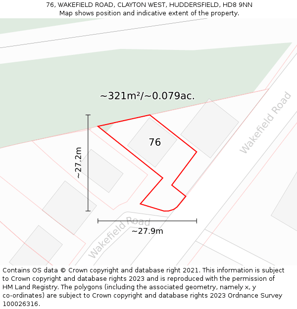 76, WAKEFIELD ROAD, CLAYTON WEST, HUDDERSFIELD, HD8 9NN: Plot and title map
