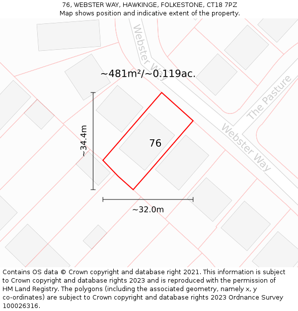 76, WEBSTER WAY, HAWKINGE, FOLKESTONE, CT18 7PZ: Plot and title map