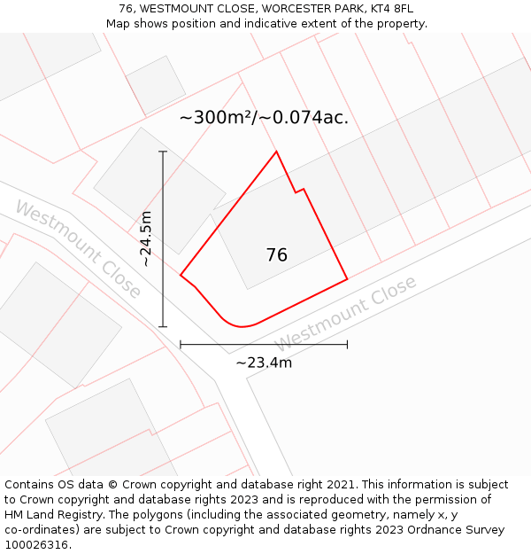 76, WESTMOUNT CLOSE, WORCESTER PARK, KT4 8FL: Plot and title map