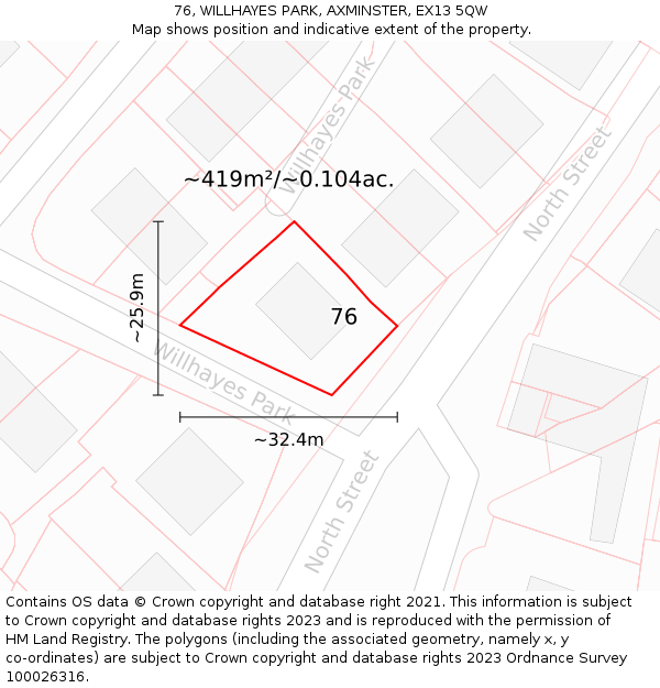 76, WILLHAYES PARK, AXMINSTER, EX13 5QW: Plot and title map