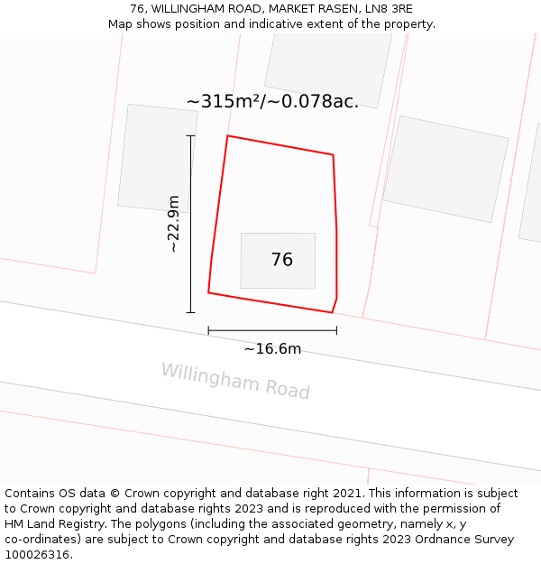 76, WILLINGHAM ROAD, MARKET RASEN, LN8 3RE: Plot and title map