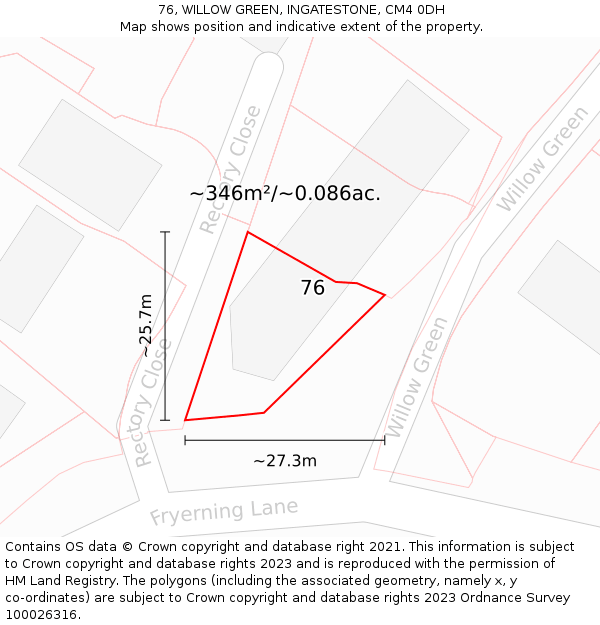 76, WILLOW GREEN, INGATESTONE, CM4 0DH: Plot and title map