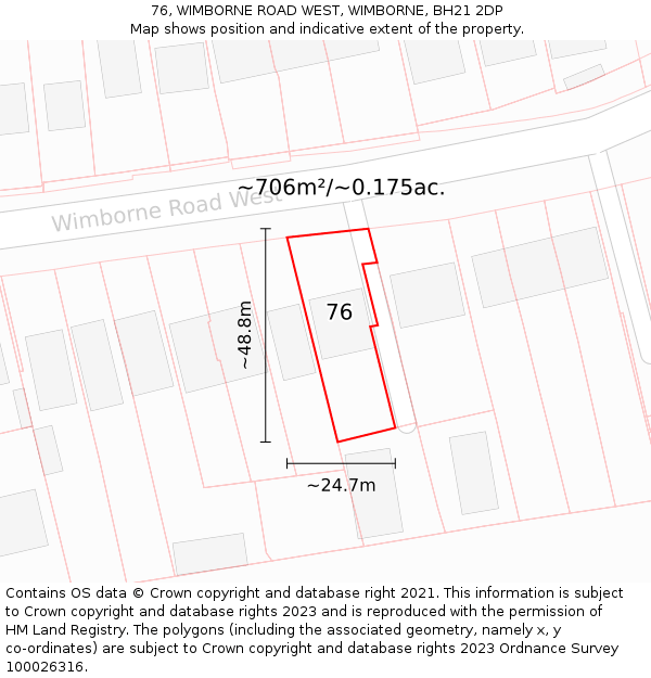 76, WIMBORNE ROAD WEST, WIMBORNE, BH21 2DP: Plot and title map
