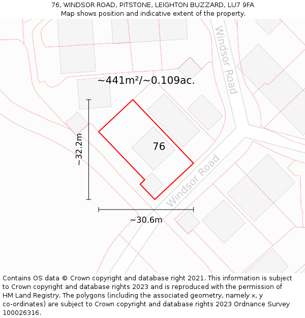 76, WINDSOR ROAD, PITSTONE, LEIGHTON BUZZARD, LU7 9FA: Plot and title map