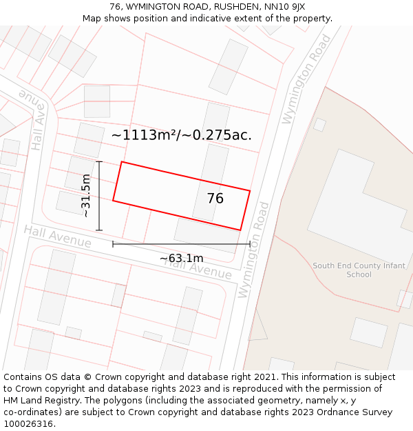 76, WYMINGTON ROAD, RUSHDEN, NN10 9JX: Plot and title map