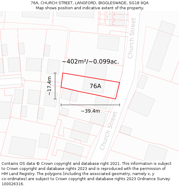 76A, CHURCH STREET, LANGFORD, BIGGLESWADE, SG18 9QA: Plot and title map