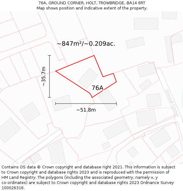 76A, GROUND CORNER, HOLT, TROWBRIDGE, BA14 6RT: Plot and title map
