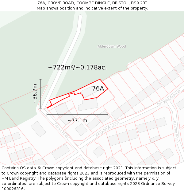 76A, GROVE ROAD, COOMBE DINGLE, BRISTOL, BS9 2RT: Plot and title map