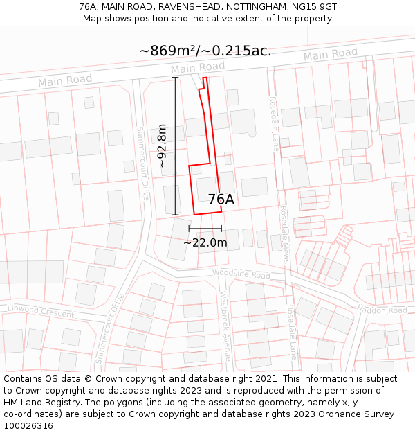 76A, MAIN ROAD, RAVENSHEAD, NOTTINGHAM, NG15 9GT: Plot and title map