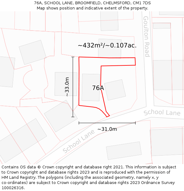 76A, SCHOOL LANE, BROOMFIELD, CHELMSFORD, CM1 7DS: Plot and title map