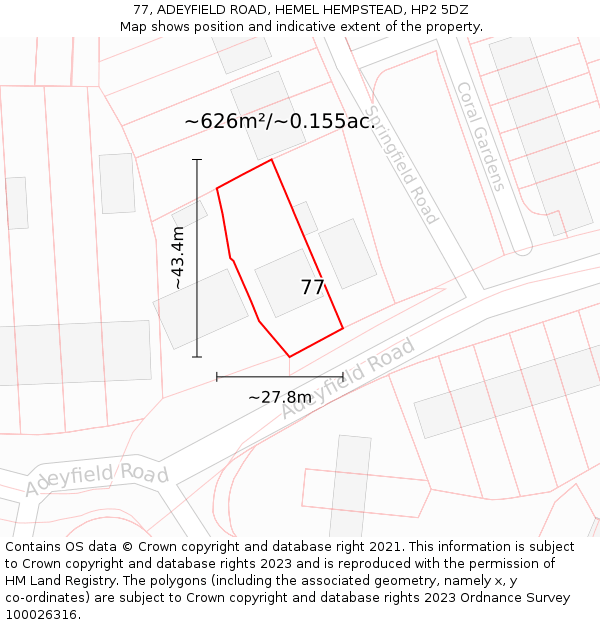 77, ADEYFIELD ROAD, HEMEL HEMPSTEAD, HP2 5DZ: Plot and title map