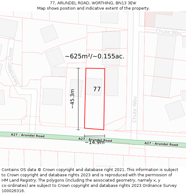 77, ARUNDEL ROAD, WORTHING, BN13 3EW: Plot and title map