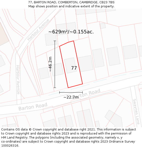 77, BARTON ROAD, COMBERTON, CAMBRIDGE, CB23 7BS: Plot and title map