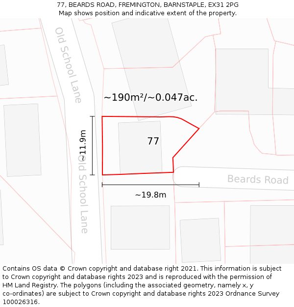 77, BEARDS ROAD, FREMINGTON, BARNSTAPLE, EX31 2PG: Plot and title map