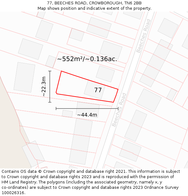 77, BEECHES ROAD, CROWBOROUGH, TN6 2BB: Plot and title map