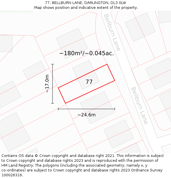 77, BELLBURN LANE, DARLINGTON, DL3 0LW: Plot and title map