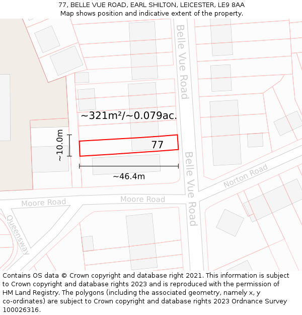 77, BELLE VUE ROAD, EARL SHILTON, LEICESTER, LE9 8AA: Plot and title map