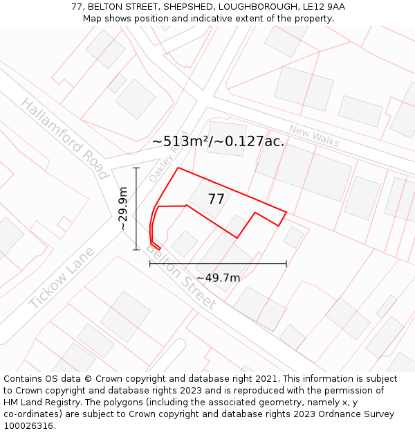 77, BELTON STREET, SHEPSHED, LOUGHBOROUGH, LE12 9AA: Plot and title map
