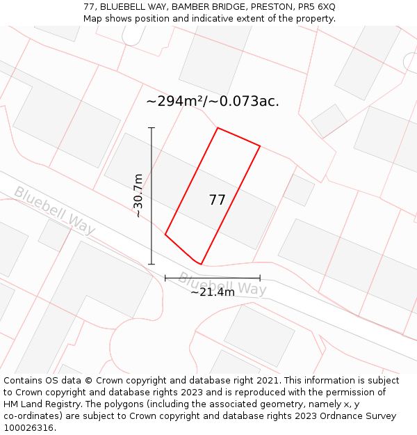 77, BLUEBELL WAY, BAMBER BRIDGE, PRESTON, PR5 6XQ: Plot and title map