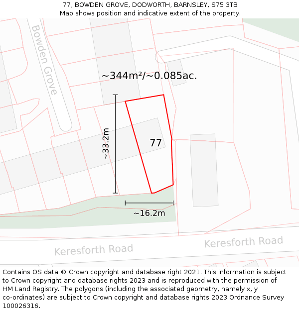 77, BOWDEN GROVE, DODWORTH, BARNSLEY, S75 3TB: Plot and title map