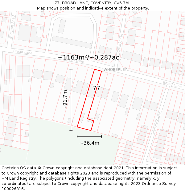 77, BROAD LANE, COVENTRY, CV5 7AH: Plot and title map