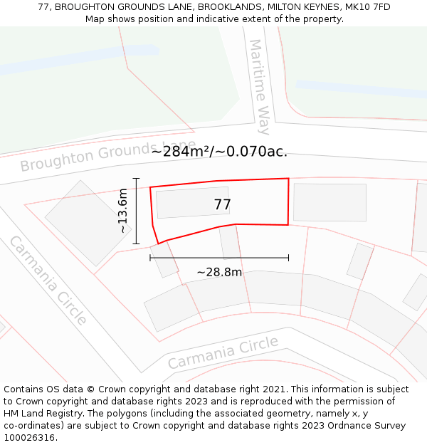 77, BROUGHTON GROUNDS LANE, BROOKLANDS, MILTON KEYNES, MK10 7FD: Plot and title map