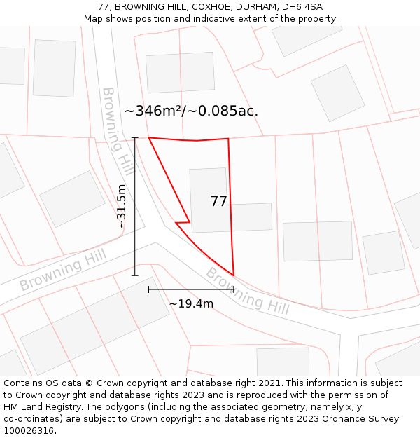 77, BROWNING HILL, COXHOE, DURHAM, DH6 4SA: Plot and title map