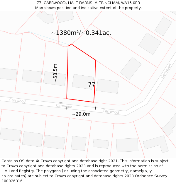 77, CARRWOOD, HALE BARNS, ALTRINCHAM, WA15 0ER: Plot and title map