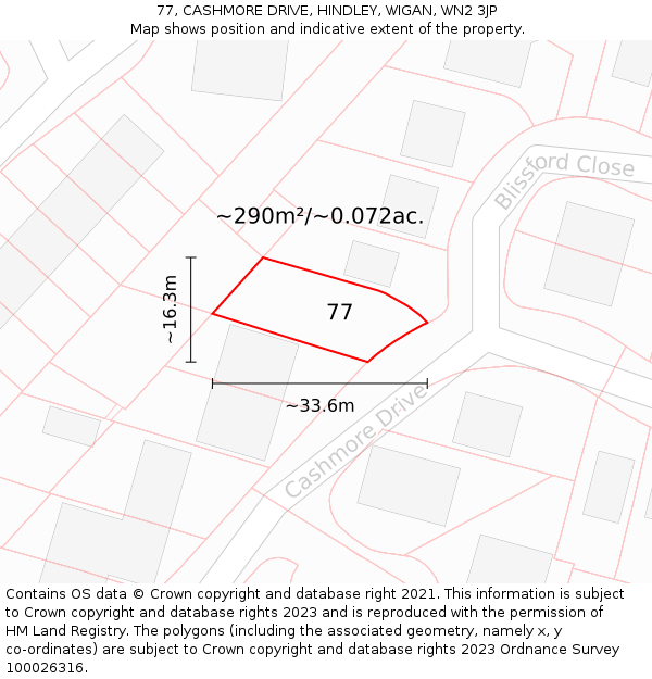 77, CASHMORE DRIVE, HINDLEY, WIGAN, WN2 3JP: Plot and title map
