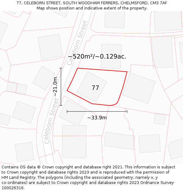 77, CELEBORN STREET, SOUTH WOODHAM FERRERS, CHELMSFORD, CM3 7AF: Plot and title map