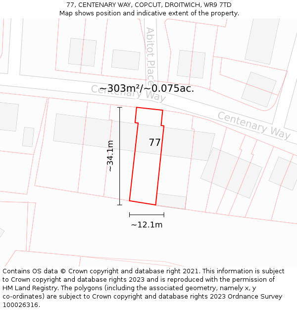 77, CENTENARY WAY, COPCUT, DROITWICH, WR9 7TD: Plot and title map