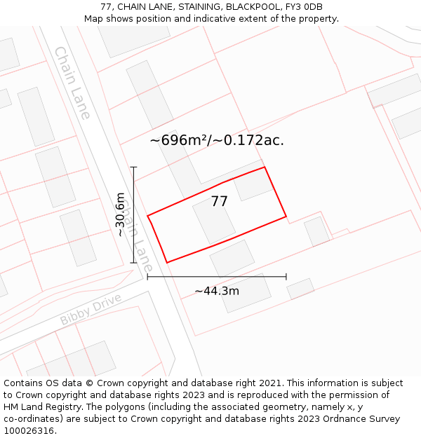 77, CHAIN LANE, STAINING, BLACKPOOL, FY3 0DB: Plot and title map
