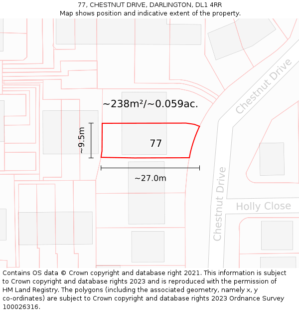 77, CHESTNUT DRIVE, DARLINGTON, DL1 4RR: Plot and title map