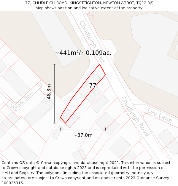 77, CHUDLEIGH ROAD, KINGSTEIGNTON, NEWTON ABBOT, TQ12 3JS: Plot and title map