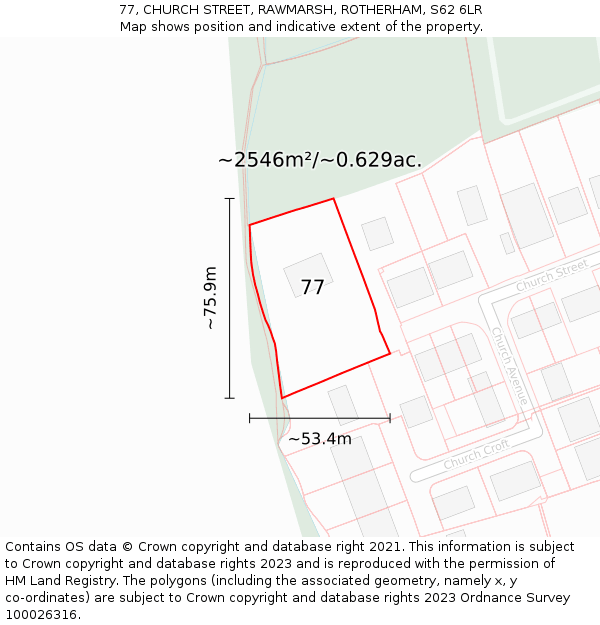 77, CHURCH STREET, RAWMARSH, ROTHERHAM, S62 6LR: Plot and title map