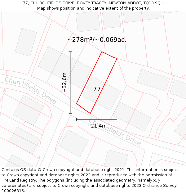 77, CHURCHFIELDS DRIVE, BOVEY TRACEY, NEWTON ABBOT, TQ13 9QU: Plot and title map