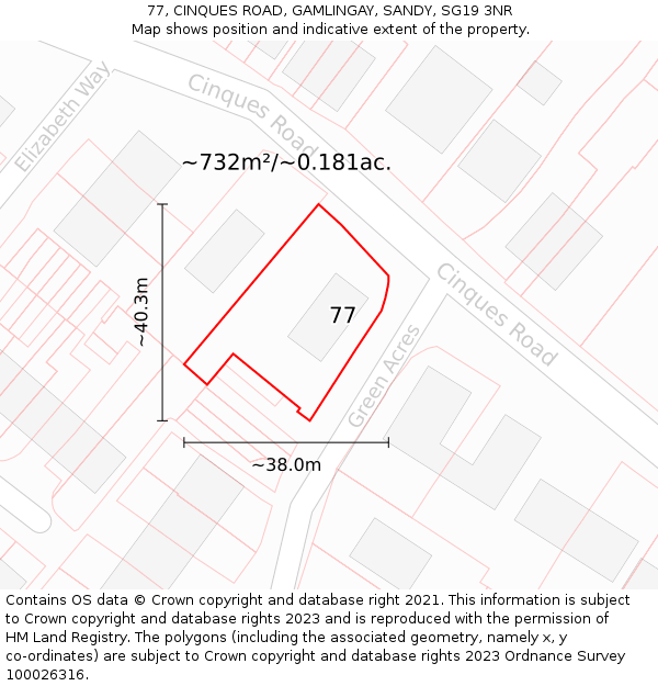 77, CINQUES ROAD, GAMLINGAY, SANDY, SG19 3NR: Plot and title map