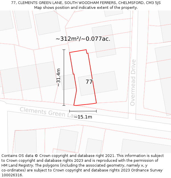 77, CLEMENTS GREEN LANE, SOUTH WOODHAM FERRERS, CHELMSFORD, CM3 5JS: Plot and title map