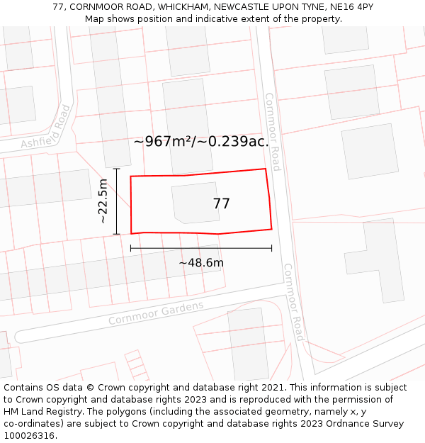 77, CORNMOOR ROAD, WHICKHAM, NEWCASTLE UPON TYNE, NE16 4PY: Plot and title map