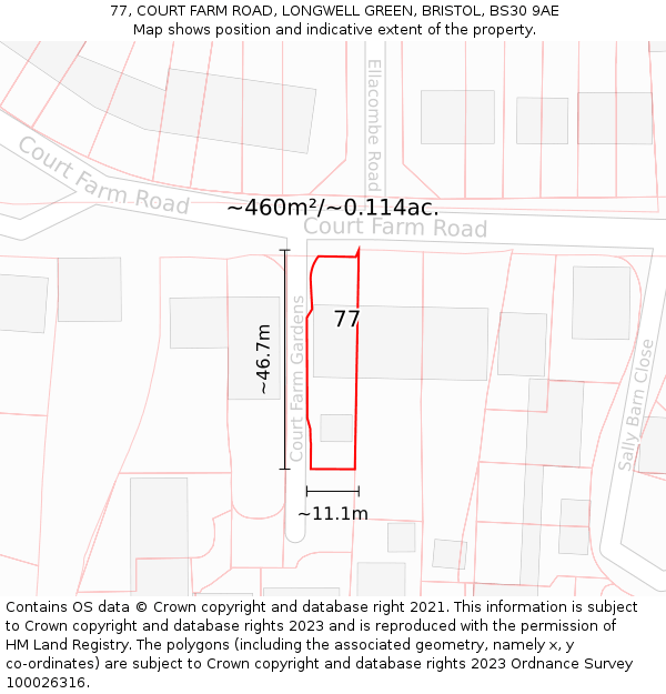 77, COURT FARM ROAD, LONGWELL GREEN, BRISTOL, BS30 9AE: Plot and title map