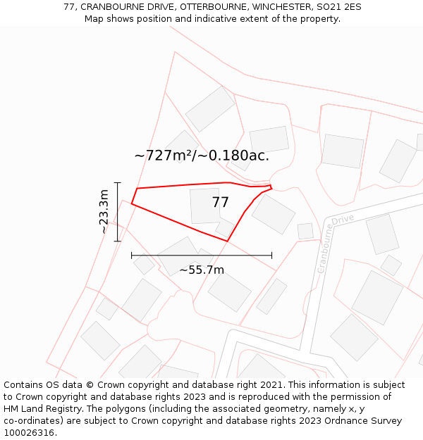 77, CRANBOURNE DRIVE, OTTERBOURNE, WINCHESTER, SO21 2ES: Plot and title map