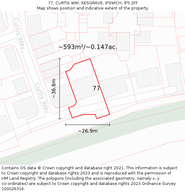 77, CURTIS WAY, KESGRAVE, IPSWICH, IP5 2FF: Plot and title map