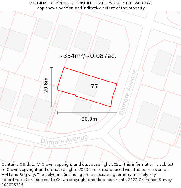 77, DILMORE AVENUE, FERNHILL HEATH, WORCESTER, WR3 7XA: Plot and title map
