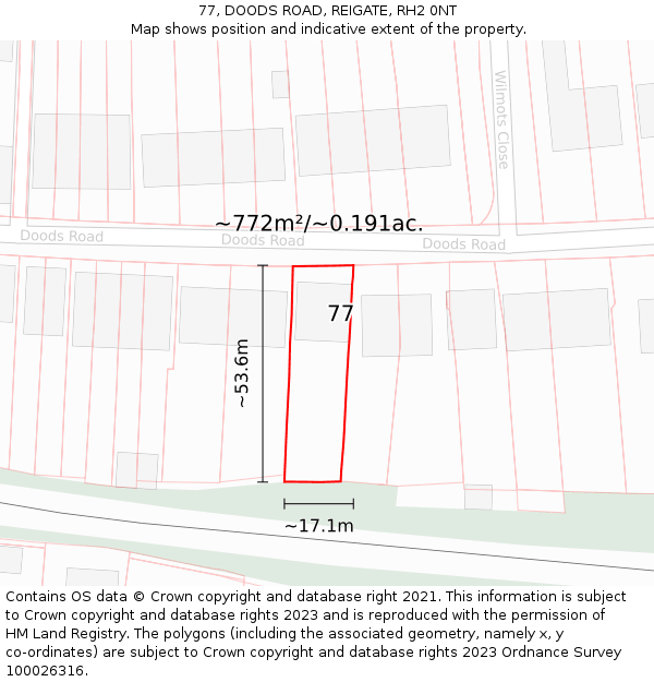 77, DOODS ROAD, REIGATE, RH2 0NT: Plot and title map