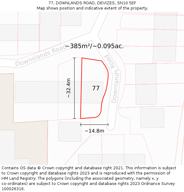 77, DOWNLANDS ROAD, DEVIZES, SN10 5EF: Plot and title map